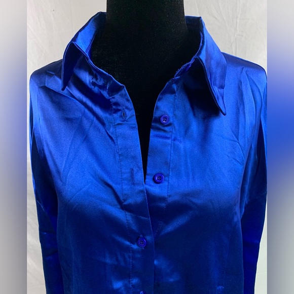 Button Front Drop Shoulder Satin Blouse Blue - Picture 7 of 9